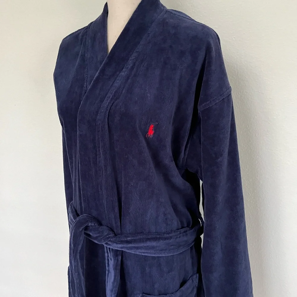 Polo Ralph Lauren Men’s Navy Velour Bath Robe One Size 100% Cotton Shawl Collar